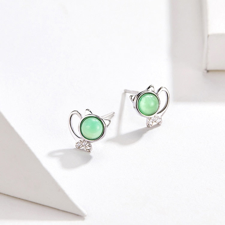 Green Stone Kitty Studs