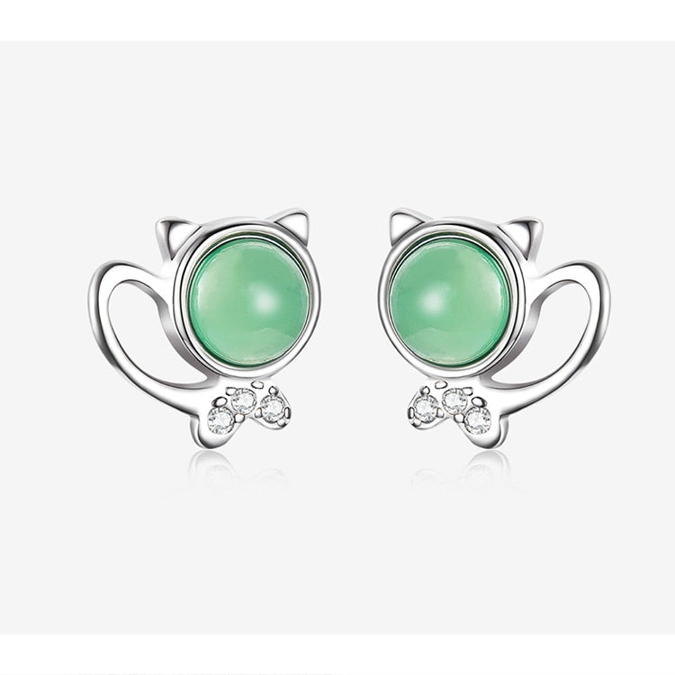 Green Stone Kitty Studs