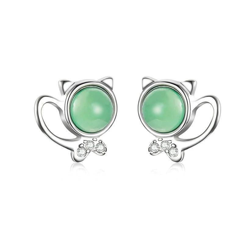 Green Stone Kitty Studs